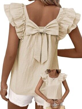 ✨️ Falechay Bow Front Flutter Sleeve Blouse, Cream Beige ✨️